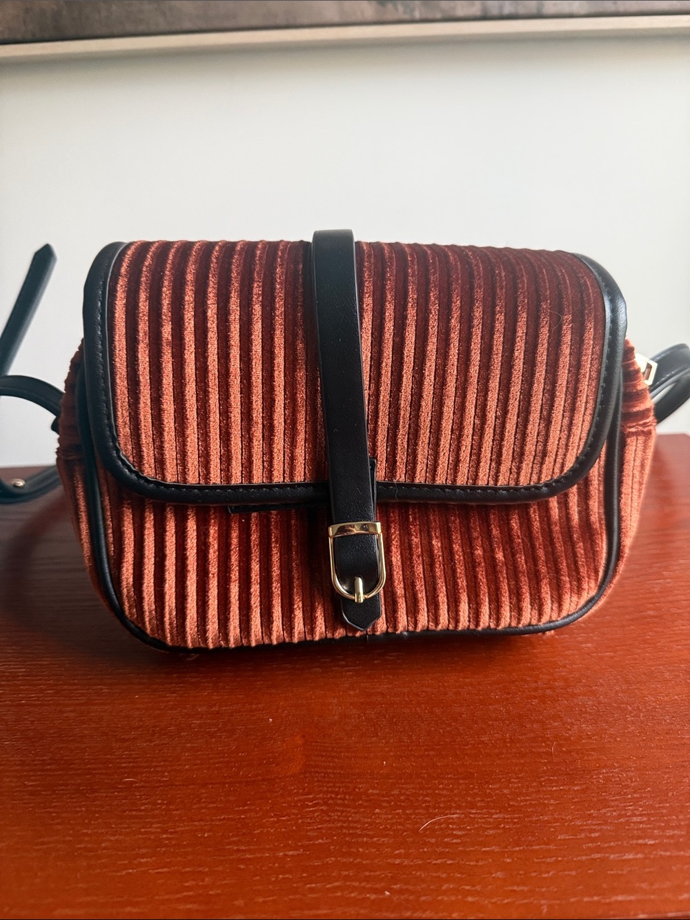 Fable Ribbed Crossbody Bag in Rust with Black Trim